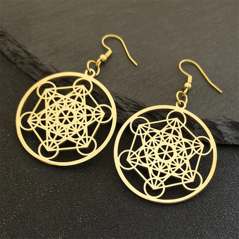 Sacred Geometry Metatron Cube Big Hoop Earrings for Women Stainless Steel Gold Color Amulet Chakra Round Hollow Earrings Jewelry