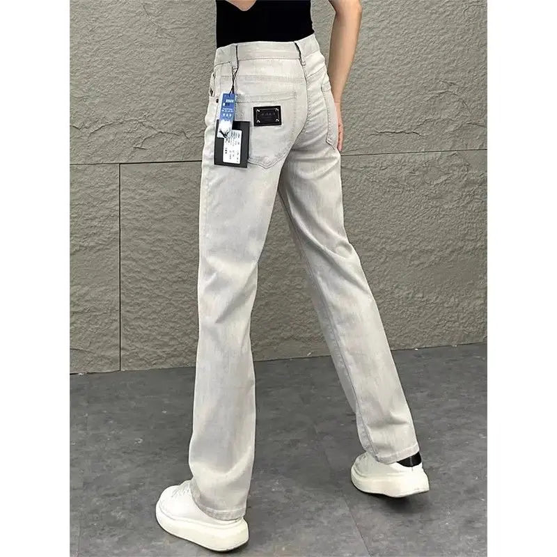 PENDRA Original White Gray Draped Slim-Fit Straight-leg Slimming Jeans