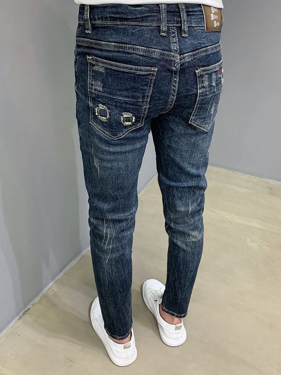 Harajuku Fashion Autumn New Blue Jeans Men's Trendy Brand Scratches Cargo Work Korean Slim-fitting Trousers Luxury Elastic Pants