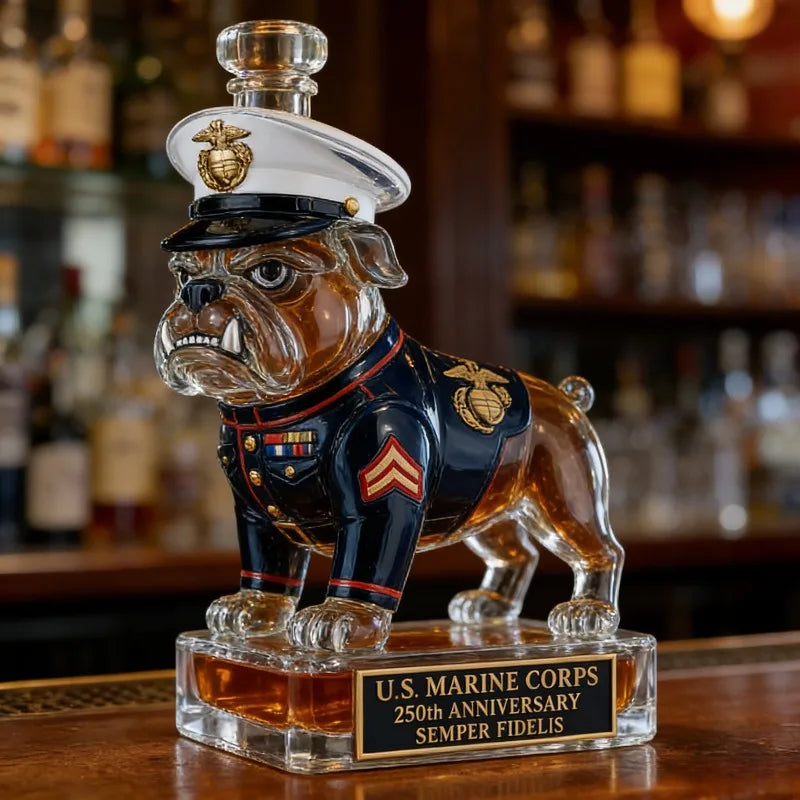 Patriotic U.S. Marine Corps Bulldog Decanter, Ideal 250th Anniversary Gift for Veterans