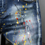 New High Quality Men's Clothing Casual Slim Pencil Pants Distressed Paint Patch Color Ink Graffiti Designer Long Jeans Trousers
