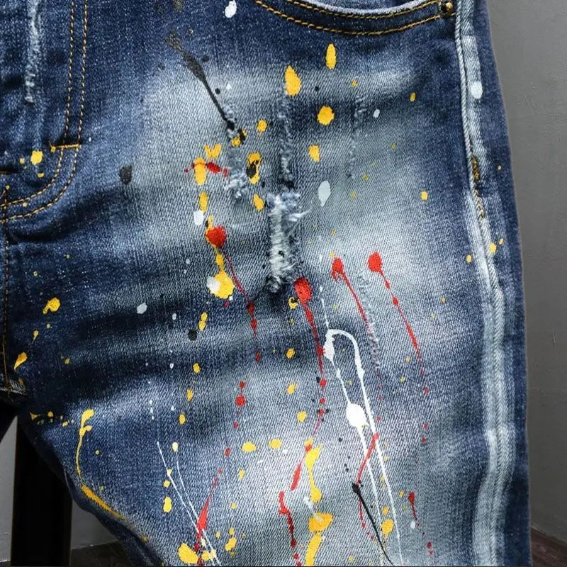 New High Quality Men's Clothing Casual Slim Pencil Pants Distressed Paint Patch Color Ink Graffiti Designer Long Jeans Trousers