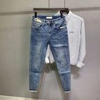Trendy Brand 2026 Versatile Labeled Jeans for Men Stretch Slim Fit Simple Skinny Pants Trendy Cat Whisker Slimming Cropped Pants