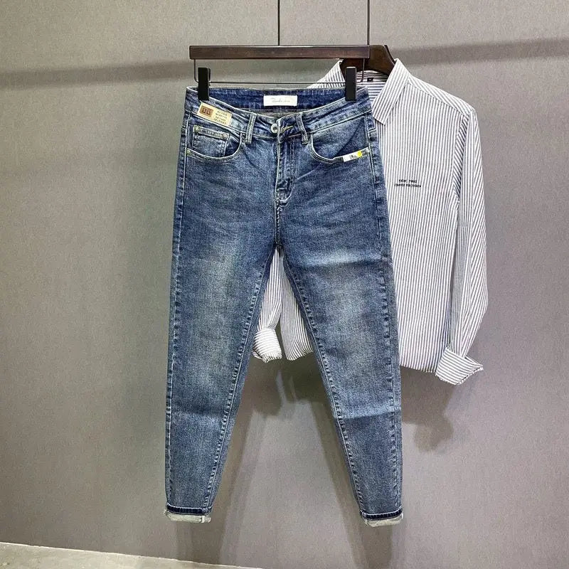 Trendy Brand 2026 Versatile Labeled Jeans for Men Stretch Slim Fit Simple Skinny Pants Trendy Cat Whisker Slimming Cropped Pants
