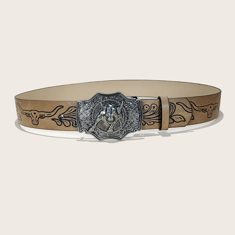 Western Leather Jeans Belts Plus Size Bull Buckle Cowboy Longhorn Bull Pattern Buckle Belt Floral Engraved Buckle Belt for Men