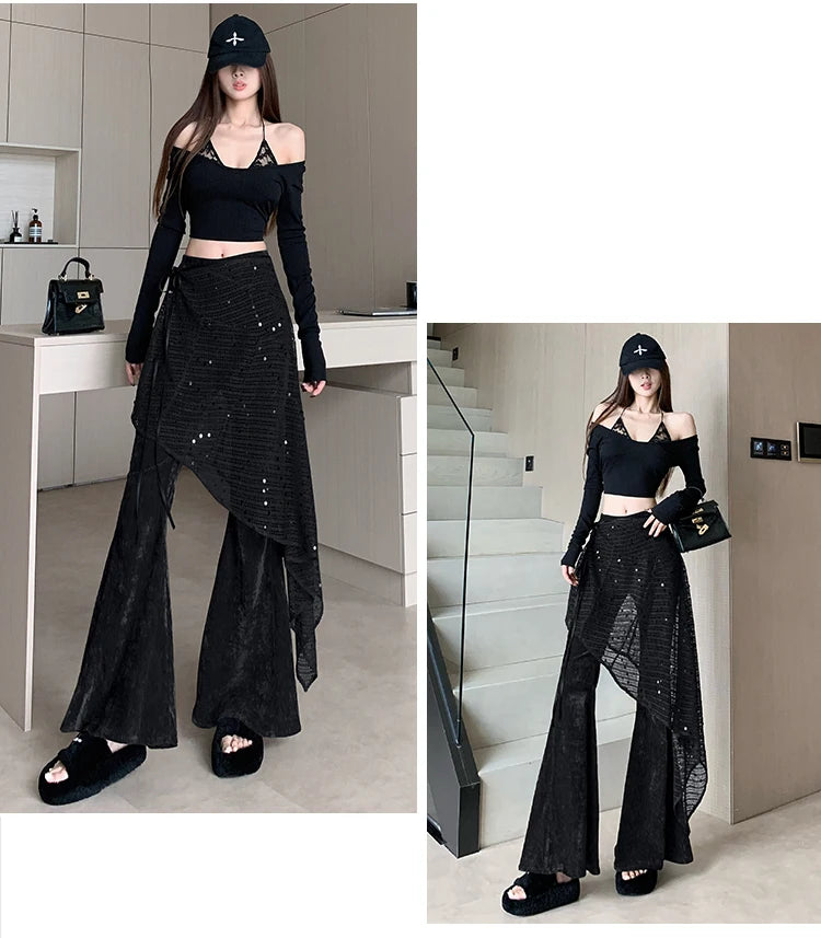 Women's autumn and winter sequin fart curtain fake two high waisted slimming and floor dragging casual flared pants