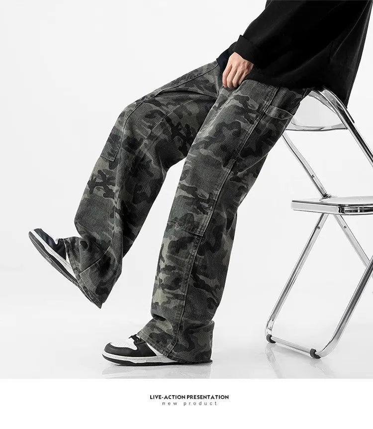 Camouflage Tooling Jeans Autumn New High Street Retro Loose Straight Wide Leg Baggy Trousers Cargo Pants Men Low Rise Jeans