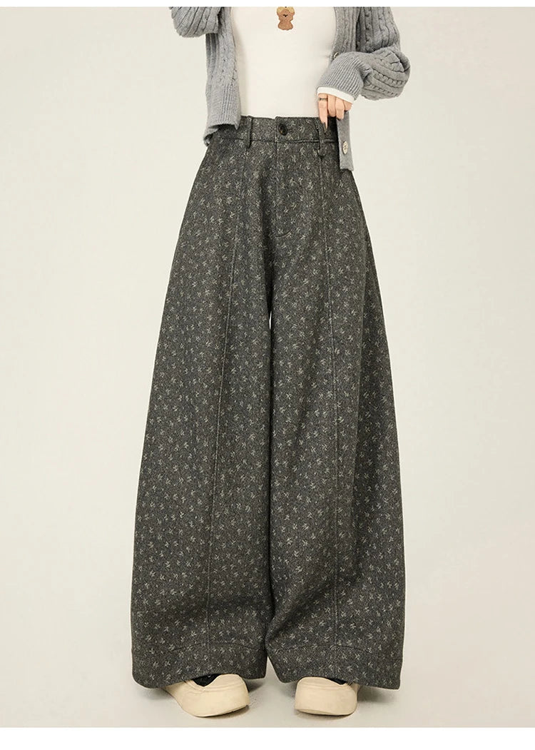 Lazy style floral print woolen suit pants women in winter new loose and versatile casual curved knife wide leg pants