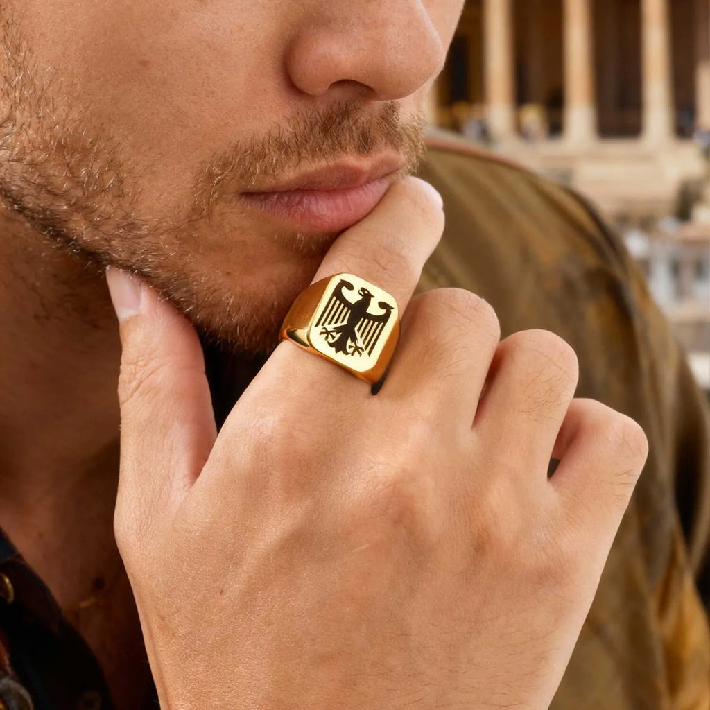 German Federal Eagle Signet Ring for Men,Stainless Steel Square Statement Ring,National Symbol Jewelry