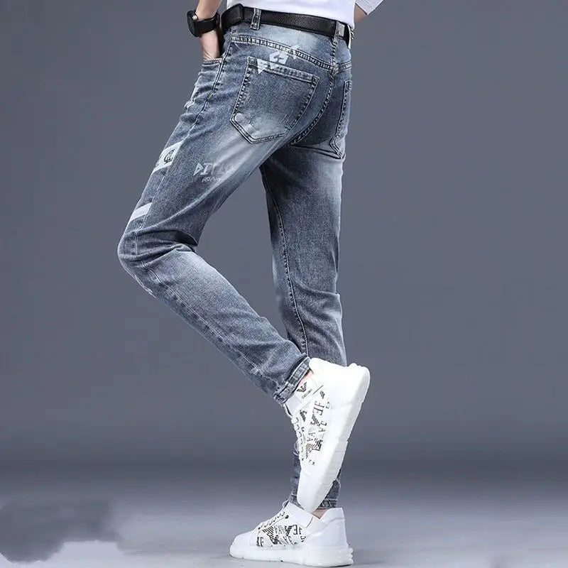 Hot Sale Men's Luxury Jeans Streetwear Denim Pants Punk Distressed Hole Tiger Embroidery Patches Stretch Skinny Ripped Trouser