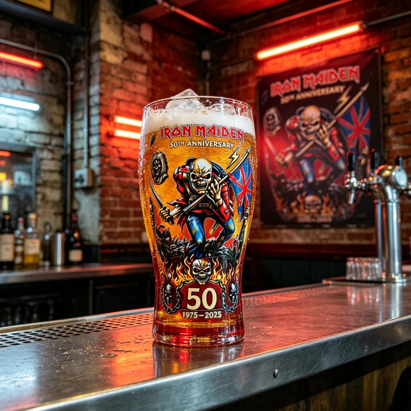 Iron Maiden 50th Anniversary Themed Pint Glass Heavy Metal Rock Band Inspired Beer Cup Collectible Drinkware for Bar Home Party