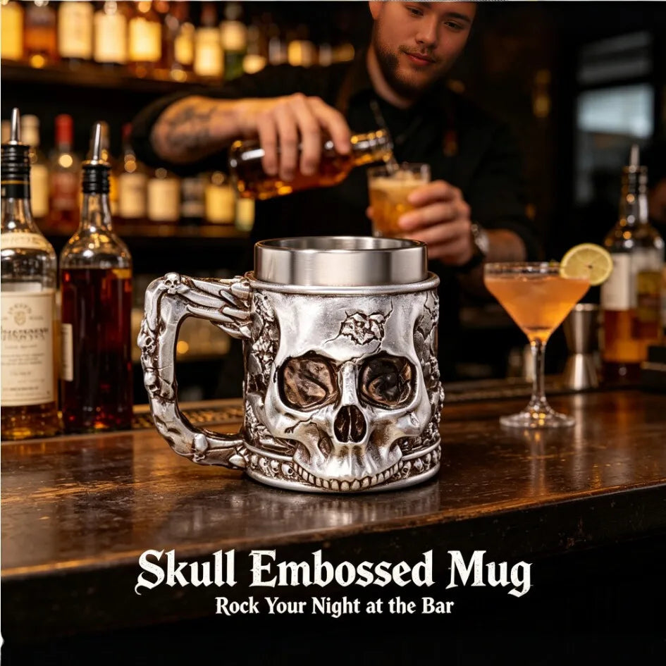 Halloween Spooky Skull Stein Mug 3D Relief Skeleton Pattern Stainless Steel Inner Tank Gothic Pub Bar Whiskey Wine Drink Cup