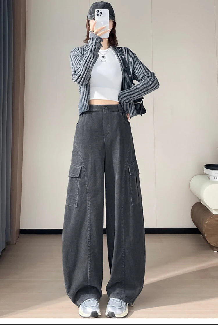 Corduroy cargo wide leg pants women in winter 2025 new high waisted loose fit slimming and ankle tied casual pants