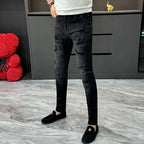 Designer Jeans Man High Quality Men's Scraped Black Jeans Autumn Winter Splashing Ink Slim-fit Pants Handsome Casual Long Pants