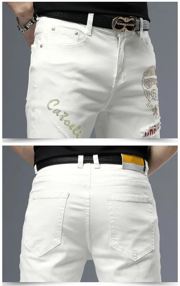 Spring Summer White Hot Drill Ripped Cowboy Korean Style Streetwear Men Washed Luxury Holes Slim Hip-hop Stylish Jeans Trousers