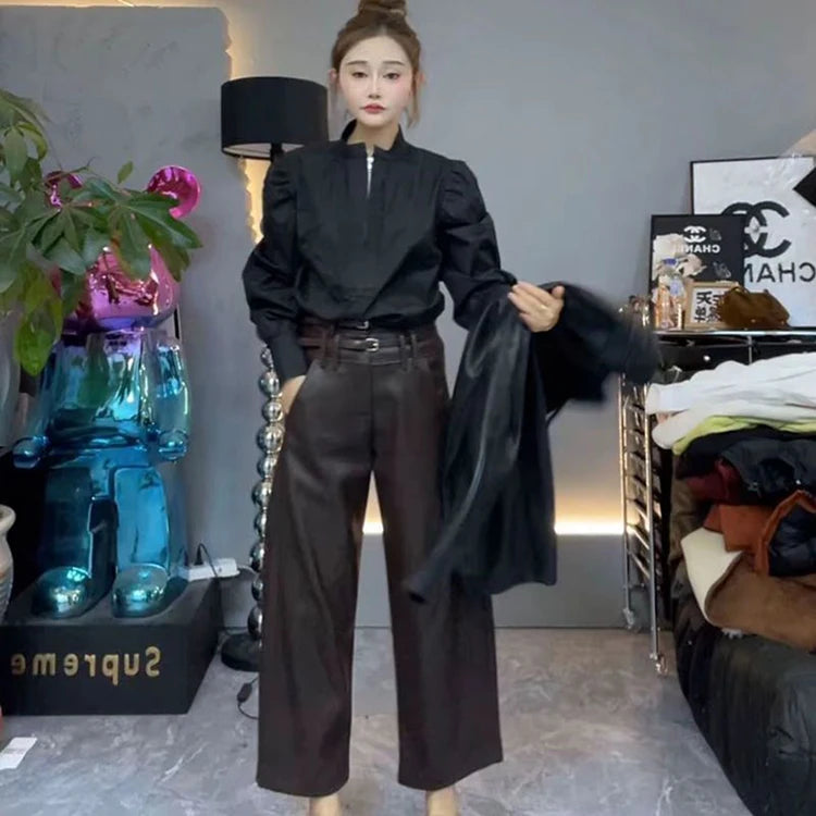 Autumn and Winter New Nine Cropped Leather Pants Women High Waist Slimming Double Waist Belt with Velvet Wide Leg Pants