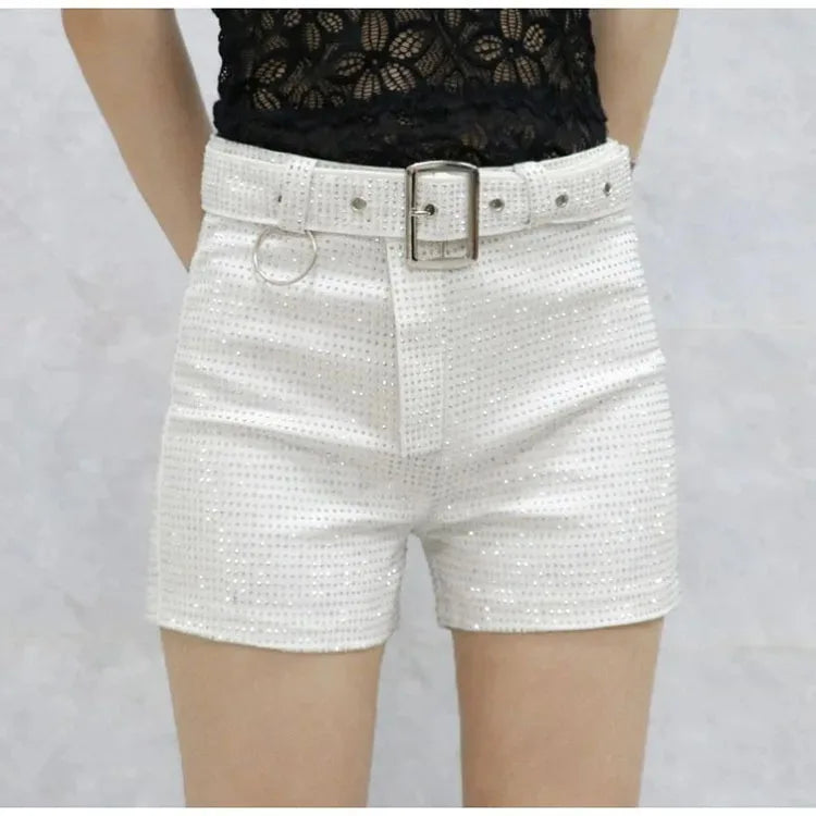 Rhinestone Shorts Women Wide Leg Shorts High Waist Sexy New Fashion Elastic Waist Diamond Casual Hot Pants Female belt
