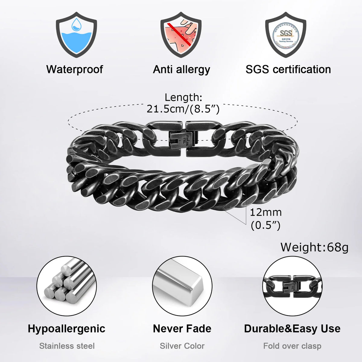 Gold Plated Men's Chunky Chain Bracelet,Stainless Steel Thick Cuban Chain Wristband,Hip Hop Punk Luxury Jewelry Gift for Him