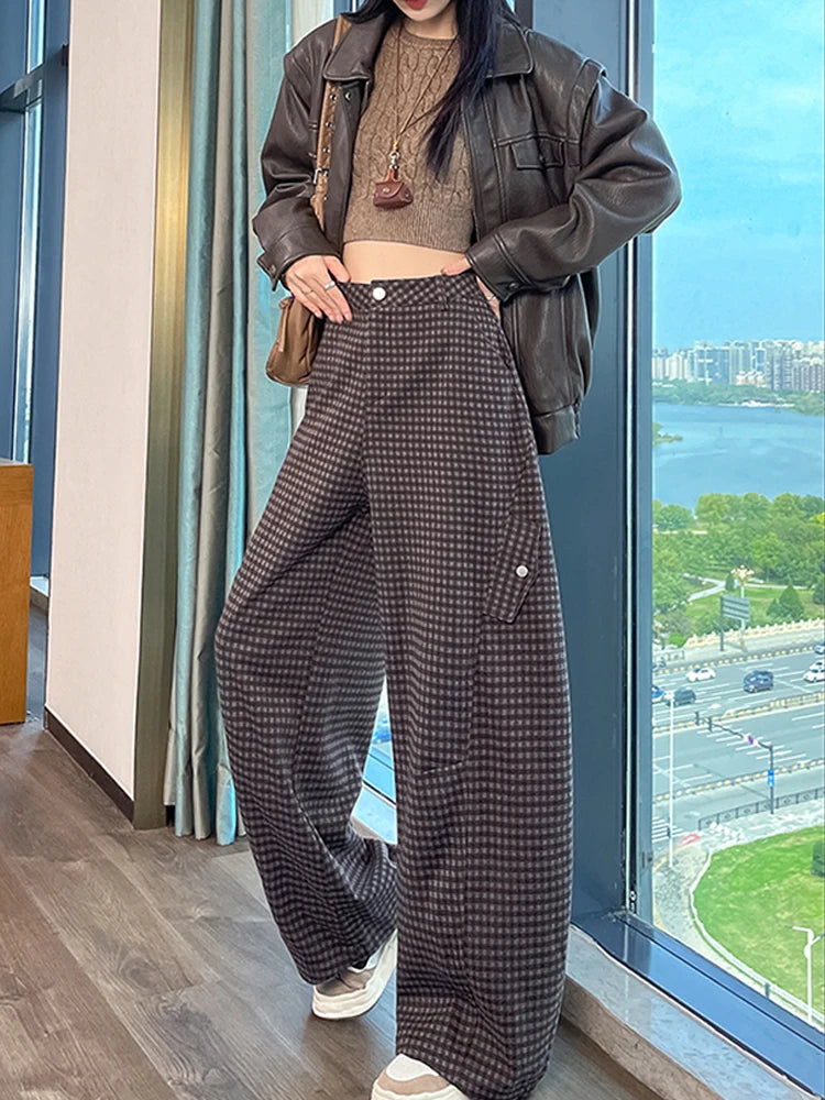 American style woolen plaid cargo pants women's autumn winter new plush casual versatile loose machete wide leg pants