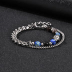 Hip Hop Natural Stone Beaded Bracelet for Men,Stainless Steel Turquoise Double Layer Spliced Chain Bracelet,Boho Jewelry