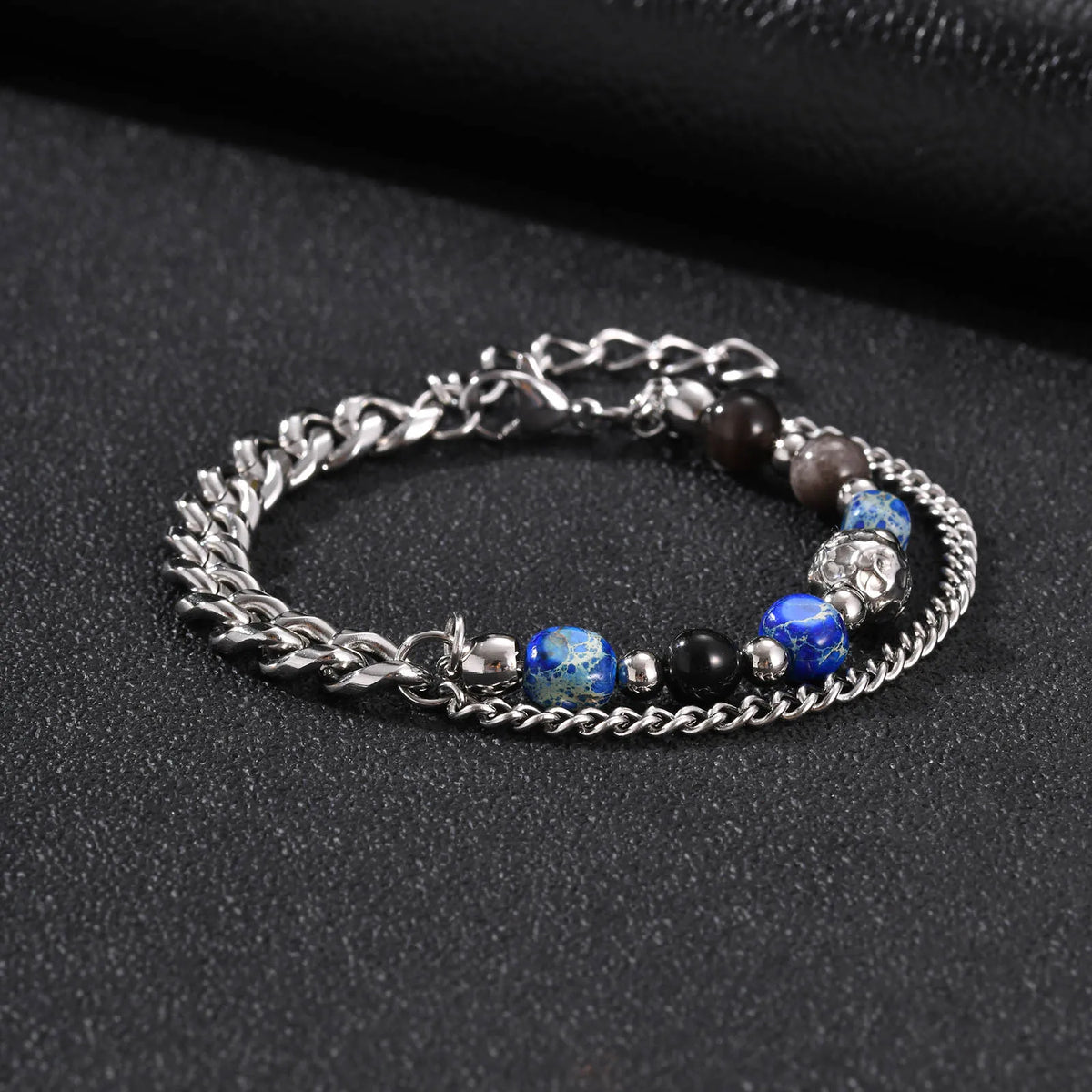 Hip Hop Natural Stone Beaded Bracelet for Men,Stainless Steel Turquoise Double Layer Spliced Chain Bracelet,Boho Jewelry