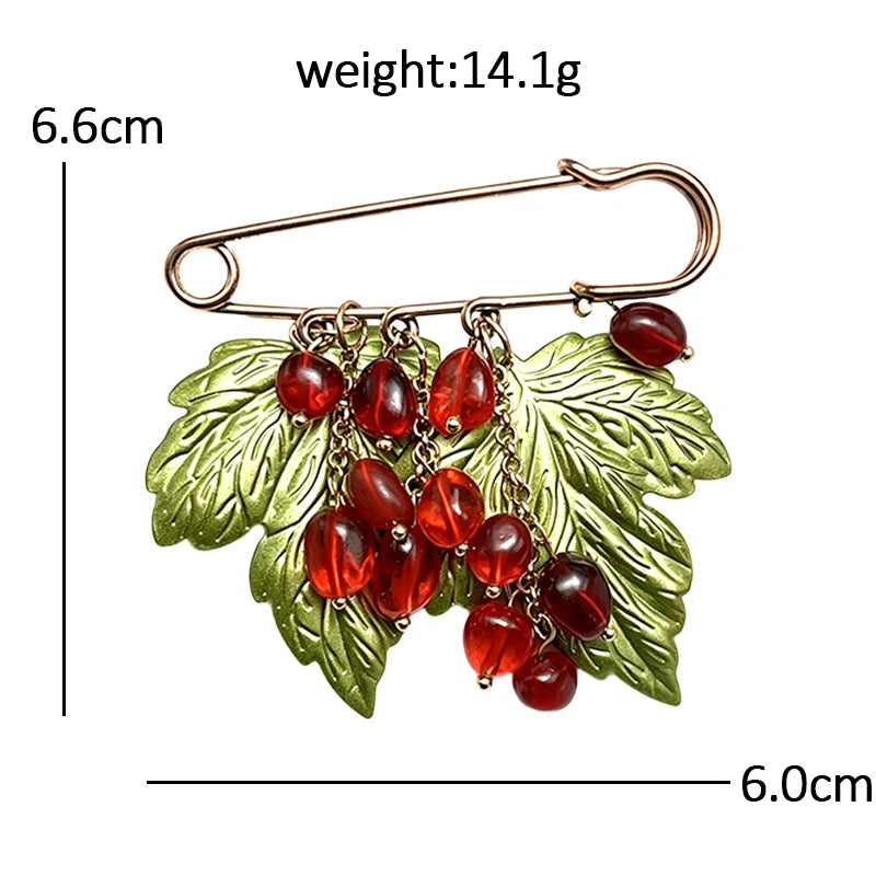 PENDRA Scarlet Vintage Red-Bead Leaf Flower Brooch