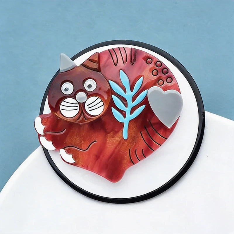 Wuli&baby New Movable Cat Round Brooches For Women Unisex Acrylic Lovely Pets Animal Badge Brooch Pins Gifts