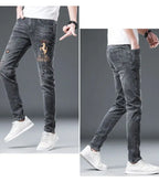2025 Summer Ripped Jeans Men's Slim-fitting Small Feet Elastic Trousers Trendy Brand Fashion Scratched Patch Cargo Beggar Pants