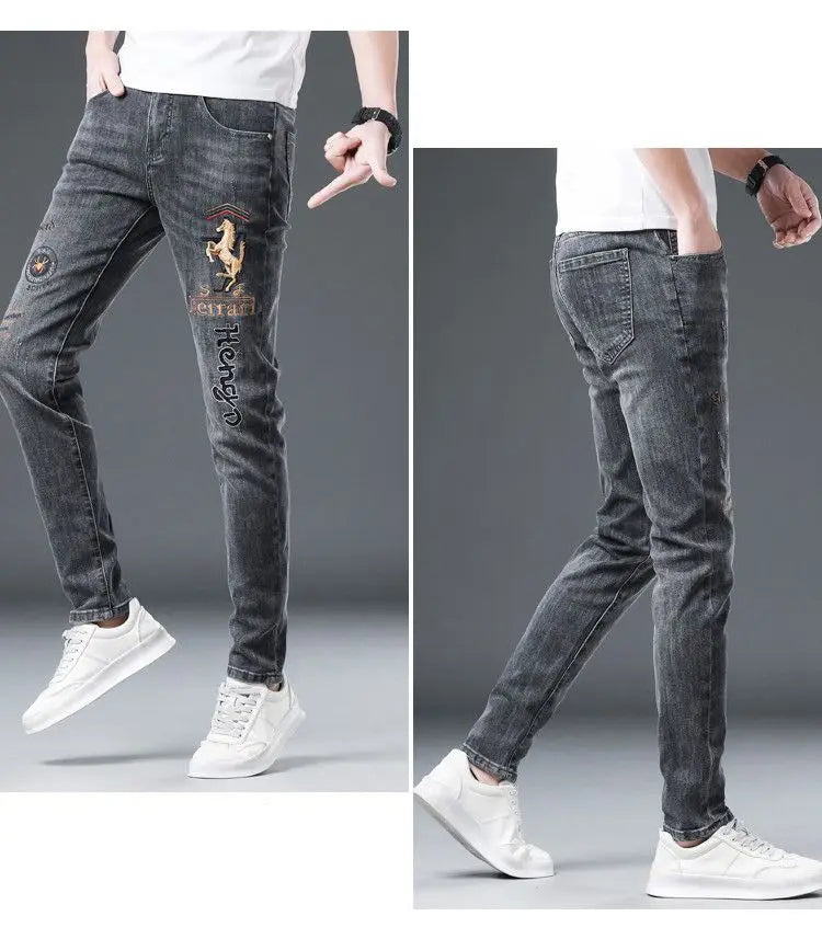 2025 Summer Ripped Jeans Men's Slim-fitting Small Feet Elastic Trousers Trendy Brand Fashion Scratched Patch Cargo Beggar Pants