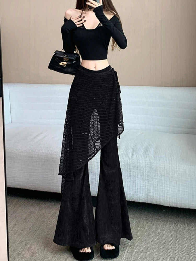 Women's autumn and winter sequin fart curtain fake two high waisted slimming and floor dragging casual flared pants