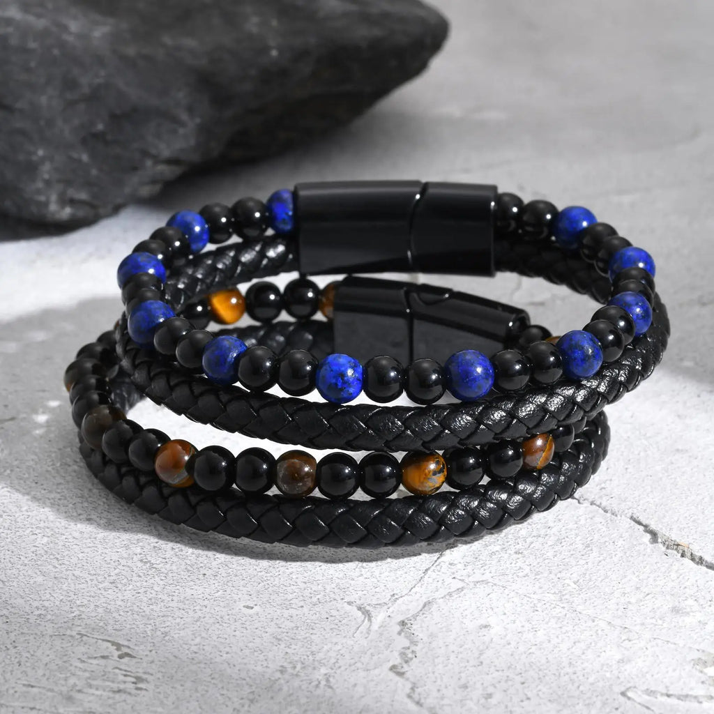 Stylish Leather Bracelet for Men Boys,Double Layers Natural Stone Tiger Eye Black Beaded Bracelet,Gift to Father Husband BBF