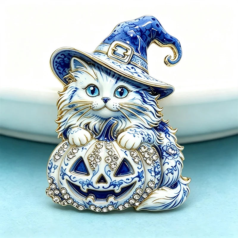 PENDRA Witch-Hat Pumpkin Cat Brooch