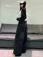 American Retro Spider Web Embroidery Design Black Loose High-Waist Jeans Women Y2K Street Fashion Versatile Wide-Leg Pants