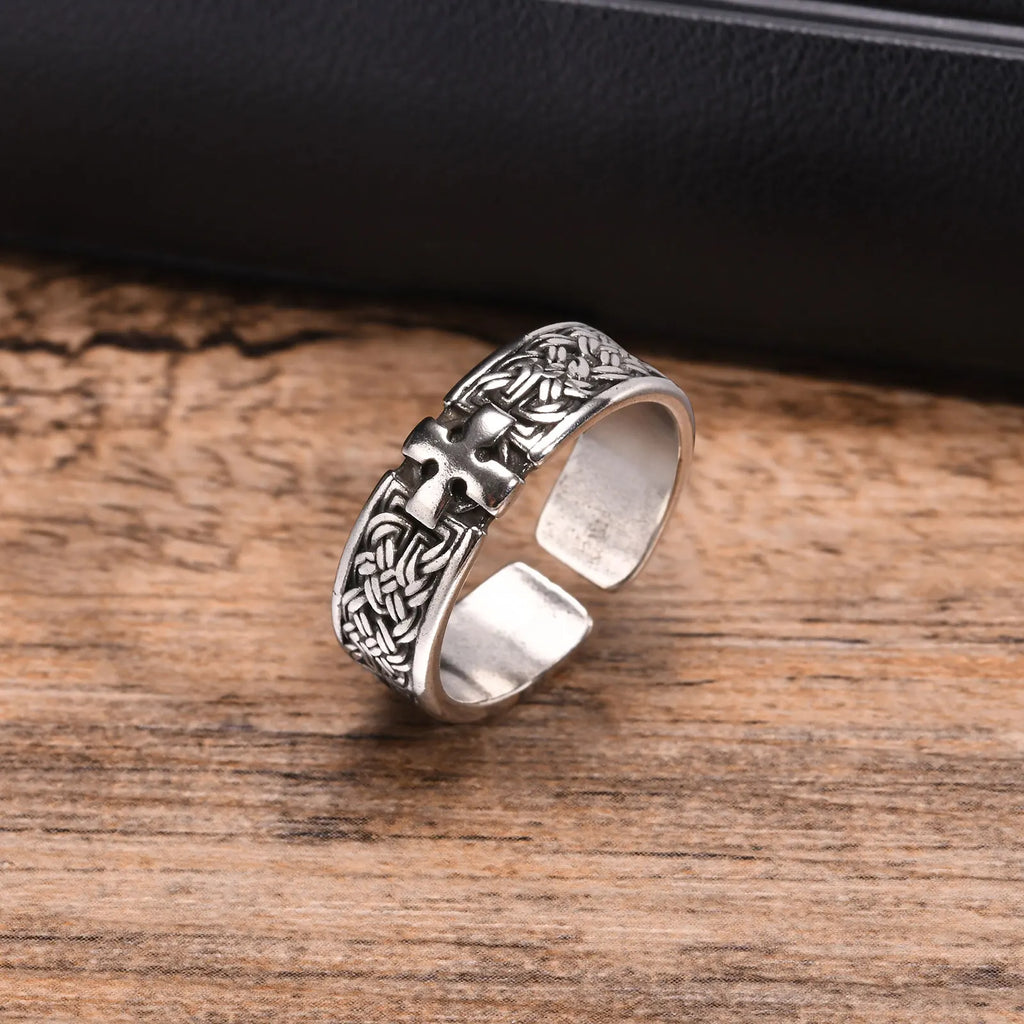 Punk Cross Metal Ring for Men Boys, 6.8mm Width European and American Style Opening Ring,Anniversary Engagement Jewelry Gift