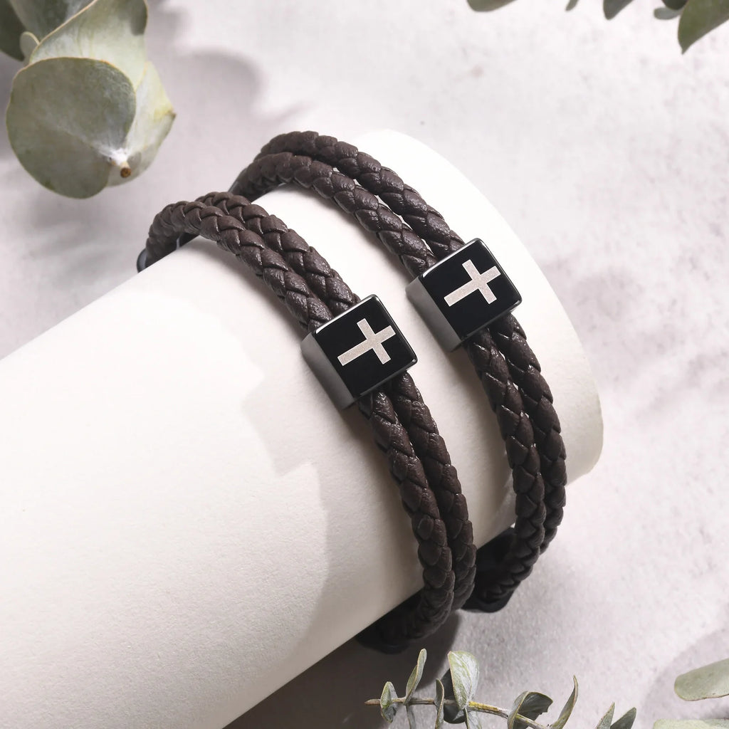 Mens Microfiber Leather Bracelet,Black Adjustable Cross Symbol Rope Wristband,Religious Faith Christ Gift Jewelry