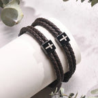 Mens Microfiber Leather Bracelet,Black Adjustable Cross Symbol Rope Wristband,Religious Faith Christ Gift Jewelry