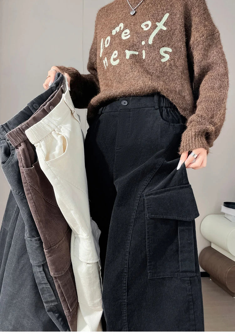 Corduroy cargo wide leg pants women in winter 2025 new high waisted loose fit slimming and ankle tied casual pants