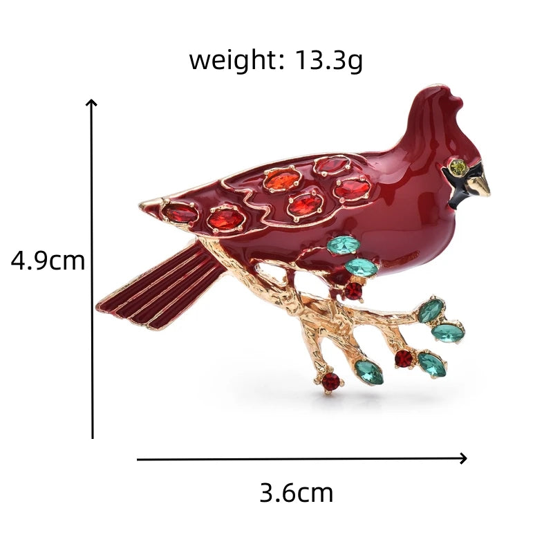 Wuli&baby Enamel North American Cardinals Bird on Crystal Tee Branch Brooch Pins Animal Badge Jewelry Gift