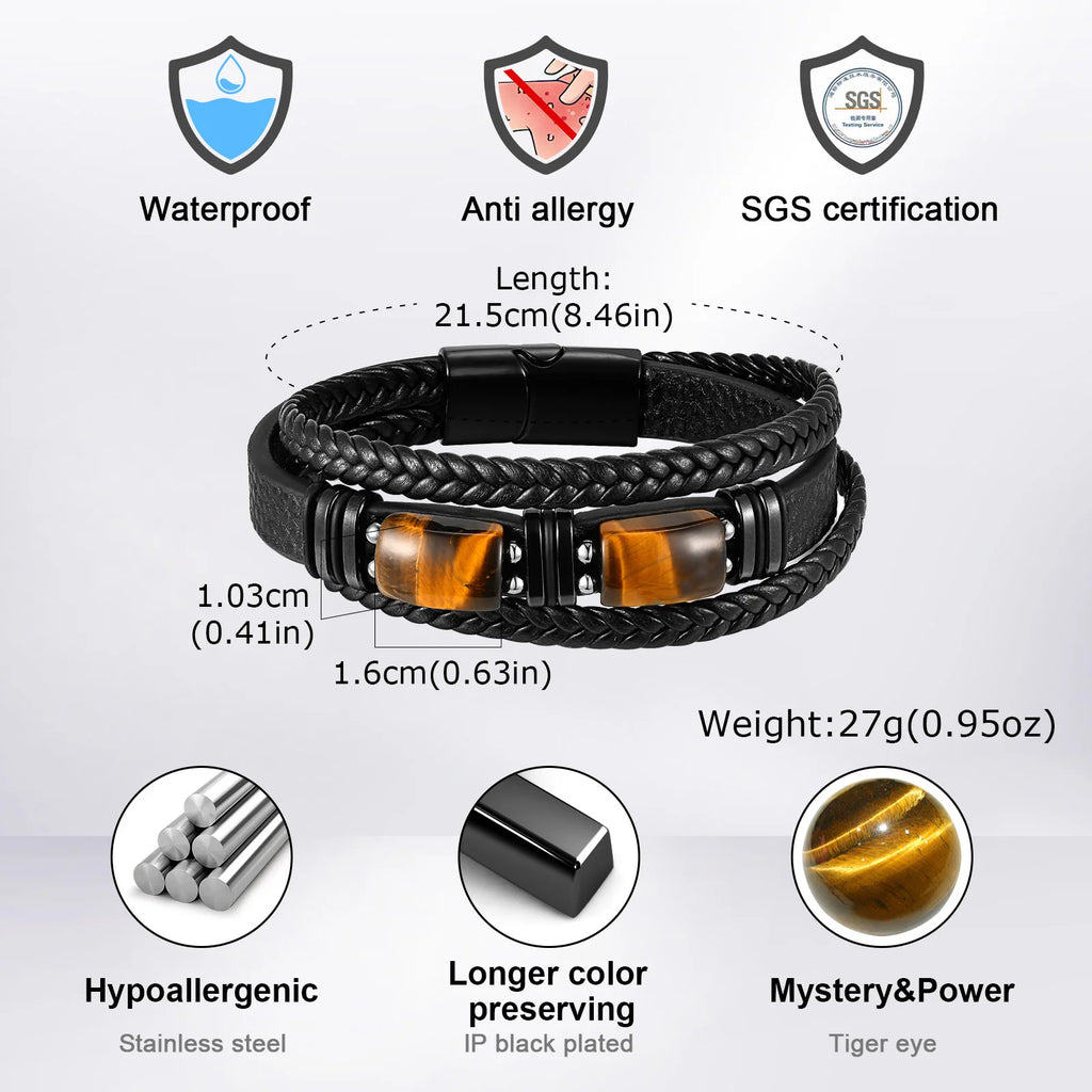 Chunky Leather Bracelet for Men Boys,Two Big Tiger Eye Natural Brown Stone Bracelets,Rock Punk Causal Jewelry Gifts