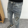 Fashionable Stylish Youth Luxury Work Jeans for Men Slim Fitting with Unique Lion Prints Classic with Rhinestone Denim Trousers