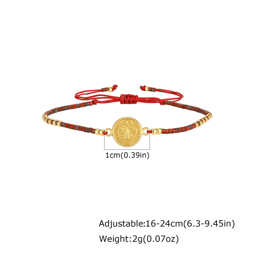 Saint Benedict Mini Beaded Bracelets for Men,Stainless Steel Round Charm Adjustable Rope Wristband,Bohemian Religious Jewelry
