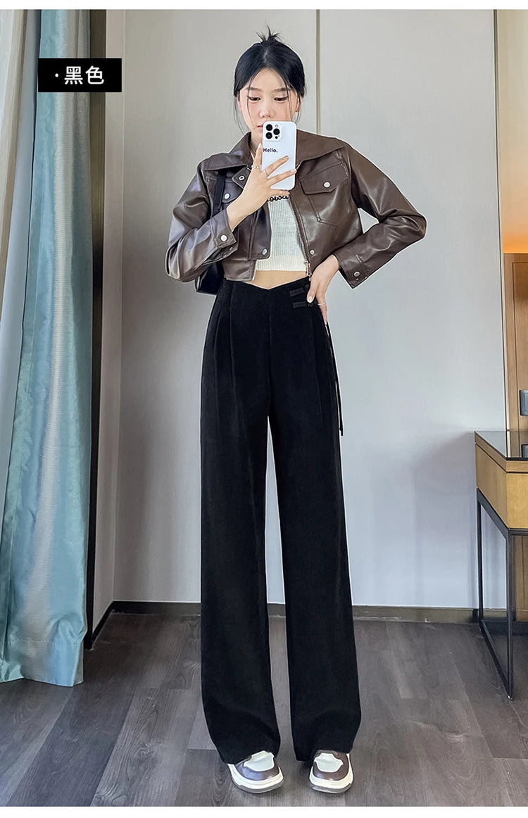 Corduroy pants women autumn and winter new Chinese style buckle casual thick solid color versatile wide leg pants