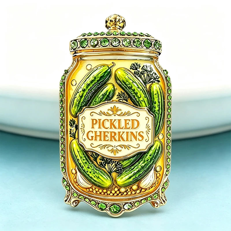 PENDRA Pickle 3-Color Rhinestone Gherkin Jar Brooch