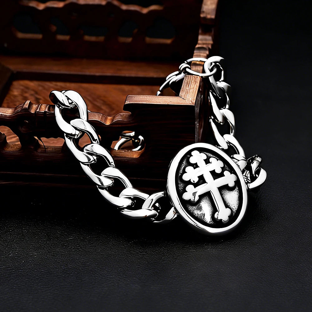 Classic Vintage Knights Templar Iron Cross Bracelet Stainless Steel Punk Hip Hop Christian Cross Men Bracelets Religious Jewelry
