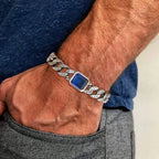 Chunky Cuban Chain Bracelets for Men Boys,Embossed Stainless Steel Chain Link Wristband with Blue Stone,Retro Jewelry Gift