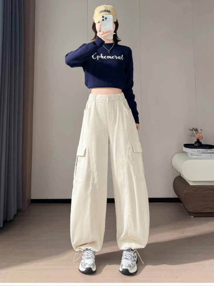 Corduroy cargo wide leg pants women in winter 2025 new high waisted loose fit slimming and ankle tied casual pants