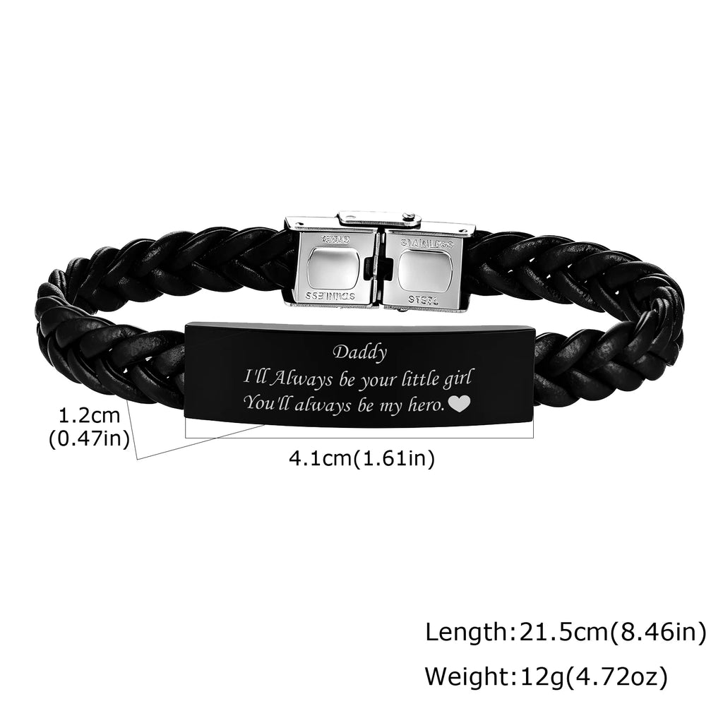 Black Leather Bracelet for Dad Him Men,Engraved Touching Words Stainless Steel Metal Wrsitband,Father's Day Gift