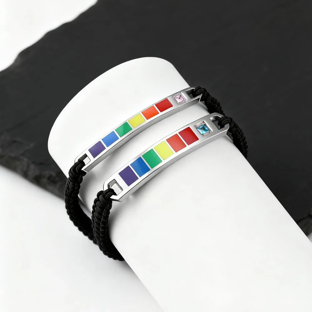 Rainbow Pride Bracelets for Gay Lesbian,Waterproof Rainbow Flag Stainless Steel Long Bar Leather Wristband,LGBTQ Pride Month