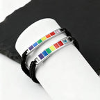 Rainbow Pride Bracelets for Gay Lesbian,Waterproof Rainbow Flag Stainless Steel Long Bar Leather Wristband,LGBTQ Pride Month