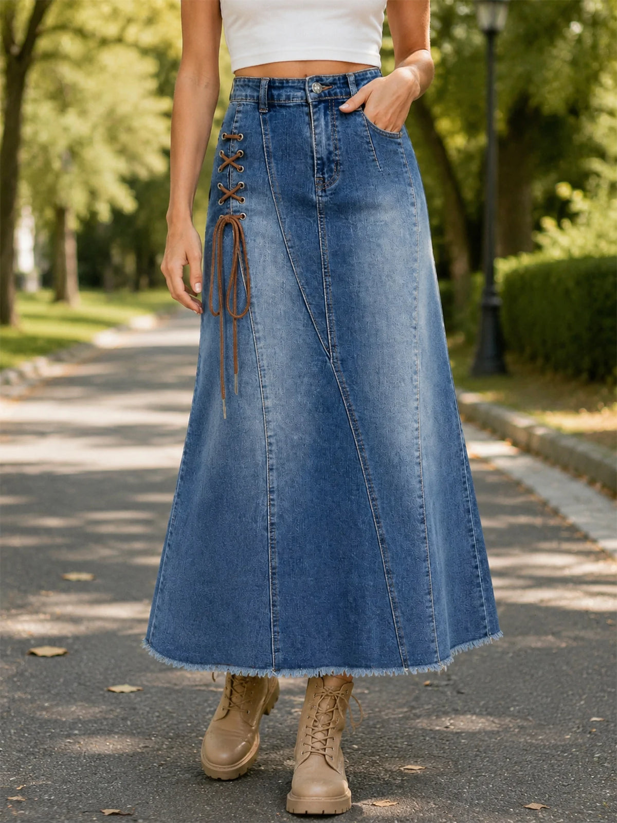 New Women's Mid-waist Stretch Washed Denim Skirt, Tie-waist Detail, Elegant Mermaid Midi Skirt, Spring/Summer Apparel
